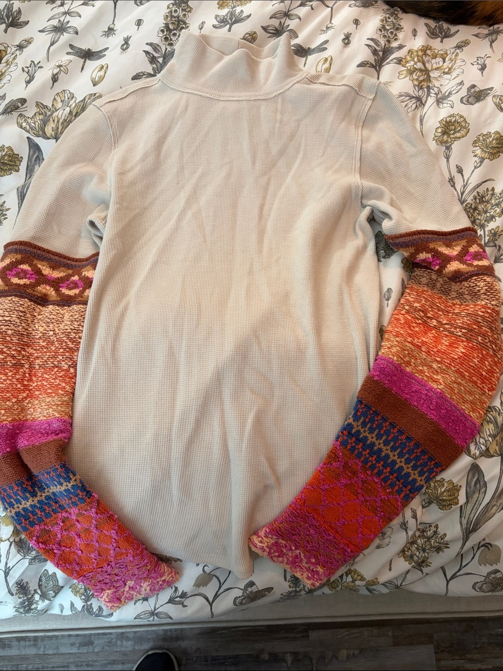 We The Free Cream Thermal Top with Multi-Color Knit Sleeves